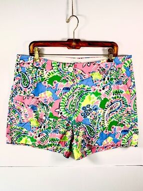 Crown & Ivy Caroline chino shorts 97% cotton button down pink yellow paisley